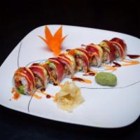  Spicy Red Dragon Maki · .Crabstick, avocado, cucumber topped with fresh tuna and spicy special sauce with red tobiko.