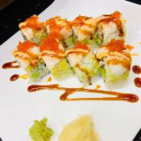 Spicy Scorpion Maki · Eel avocado, cucumber topped with cooked shrimp special.sauce&tobiko