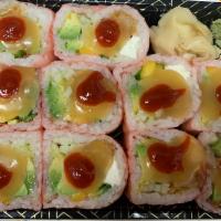 lucky dragon · shrimp tempura avocado cucumber mango cream cheese jalapeno wrapped with soybean paper in ho...