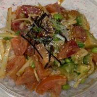 Tuna Poke Bowl · fresh chunk tuna mixed with avocado cucumber mango
 green peas  tomato &special sauce ! 
 to...