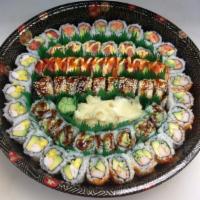 Maki Platter Deluxe · 8 pieces of spicy tuna avocado, 8 pieces of salmon maki, 8 pieces of eel avocado, 8 pieces o...