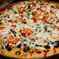 White Mediterranean Veggie Pizza · Garlic olive oil paste, feta cheese, onions, tomatoes, black olives, pepperoncinis and mozza...
