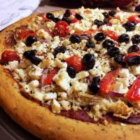 Greek Style Pizza · Pizza sauce, gyros meat, feta cheese, red onions, tomatoes, olive and mozzarella cheese.