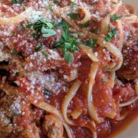 Pasta with Meatballs Pasta Dinner · Choice of ziti or linguine in our house marinara sauce topped with our homemade meatballs.