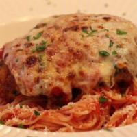 Veal Parmigiana Pasta Dinner · Breaded tender veal cutlet layered with sauce and mozzarella cheese. Served with choice of p...