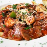 Sausage Cacciatore Pasta Dinner · Sweet Italian sausage sauteed with peppers, onions and mushrooms in our house marinara sauce...