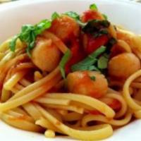 Scallops Marinara Pasta · Scallops sauteed with a touch of garlic in our house marinara sauce served over linguine. Se...