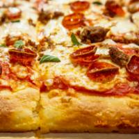 The Meaty Choice on Sicilian Style Crust Pizza · Tomato sauce, shredded mozzarella, sliced pepperoni in natural casing, Italian sausage, Oreg...