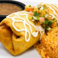Chimichanga  · Served with arroz Mexicano and beans (Options: Veggie, Chicken, Meat or Shripm)
