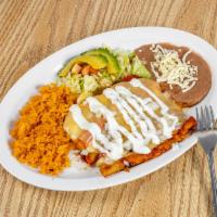 Enchiladas · Rolled corn tortilla filled with your choice of meat or cheese and topped with our homemade ...