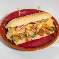 Smokin Hot Chick Sando · Roasted chicken, smoked gouda, new Mexico green chiles, lettuce, tomato, red onion, chipotle...