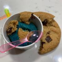 The Cookie Monster · Our brown sugar cookie dough, dyed blue, with bits of our own chocolate chip cookies