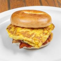 Loaded Breakfast Bagel · Eggs, Asiago cheese, sausage, bacon, and avocado on a bagel.