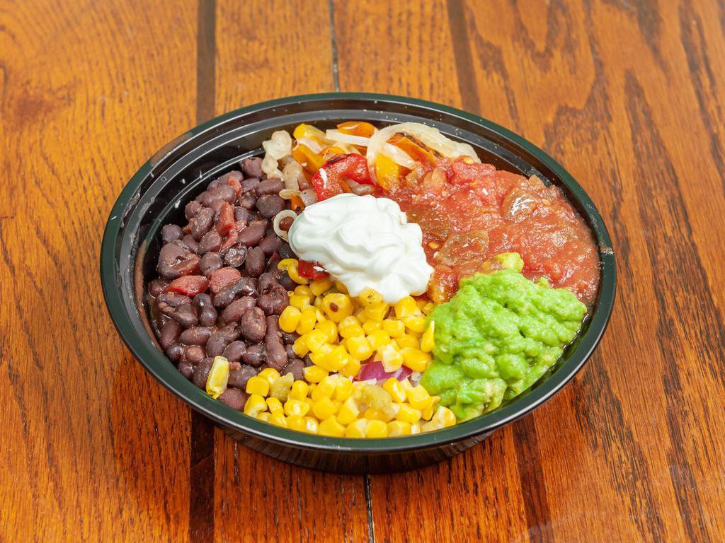 Fajita  Bowl · Sauteed peppers and onions, black beans, corn salsa, pico, cheese, and sour cream over rice. Add cashew cheese sauce for an additional charge. 
