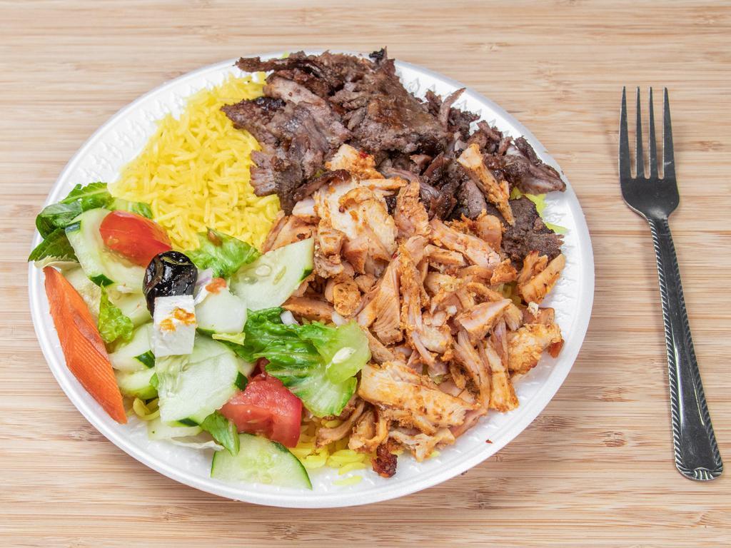 Combo Beef and Chicken Shawarma · Marinated chicken and beef. Served with rice, hummus, greek salad, and pita bread.