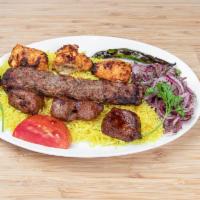 Combo Chicken Kofta and Shish Kabab · Marinated chicken ground and cube grilled. Served with rice, hummus, greek salad, and pita b...