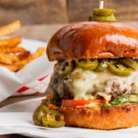 Oh So Hot Burger · Gourmet bun, 1/2 pound double patty, with roasted jalapeños, swiss cheese, seasonal lettuce,...