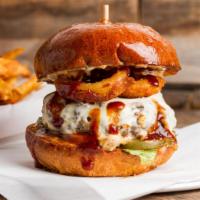 Southern BBQ Burger · On gourmet bun, 1/2 pound double patty, with lamb bacon, crispy onion ring, swiss cheese, BB...