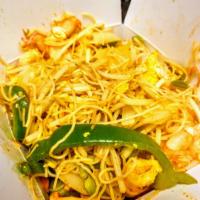 354. Singapore Noodles · Hot and spicy. Thin rice noodle stir fried with eggs, green pepper, onion, carrots and your ...