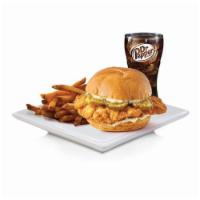 Crispy or Grilled Chicken Meal · Crispy chicken served with Mayo and Pickles on a toasted Brioche bun with a side and a drink...