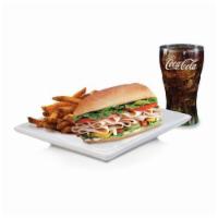 Turkey or Tuna Half Sub Meal · Turkey or tuna half sub with a side and a drink.