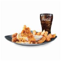 Fish & Chips Meal · batter-dipped fish served with a side and two hushpuppies and a drink.