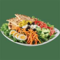 Greek Salad · Our unique garden salad, mixed with feta cheese, black olives, green peppers, and banana pep...
