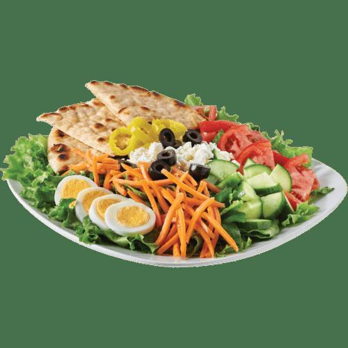 Greek Salad · Our unique garden salad, mixed with feta cheese, black olives, green peppers, and banana peppers. Topped with choice of dressing.
