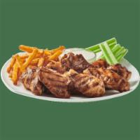 Grilled Wings · The healthier take on wings and grilled. Served with fries, celery, blue cheese, and choice ...
