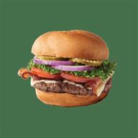 Bacon Cheeseburger · Angus 1/3 pound steak burger with lettuce, tomato, pickles, onions on a brioche roll.