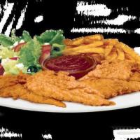 Krispy Chicken Tenders Platter · 3 pc, 5 pc, Breaded Chicken Tenders Served with Your Choice of 2 Sides and BBQ or Honey Must...