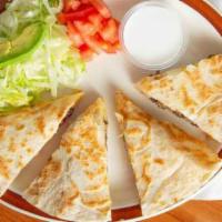 Quesadilla Kids Meal · Served with rice and beans or fries and coke.