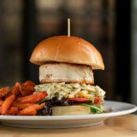 Blackened Fish Sandwich · Blackened fish of the day, roasted corn slaw, organic lettuce, and tomato on a brioche bun. ...