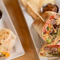 Cali Burrito · All natural anti-biotic and hormone-free tri-tip or free-range chicken, cheddar cheese, fren...