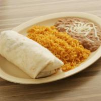 Burrito Dinner · Burrito with your choice of meat with lettuce, cheese, and sour cream, served with rice and ...