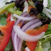 Big Garden Salad (V) · Mixed greens, cucumbers, tomatoes, peppers, onions, and olives.