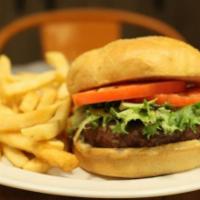 Beef Hamburger · Half a pound of ground chuck char-grilled served on a bun with lettuce, tomato, ＆ fries.
