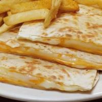 Three Cheese Quesadilla · Pepper-jack, cheddar and mozzarella cheeses melted with sauteed peppers, onions, and served ...
