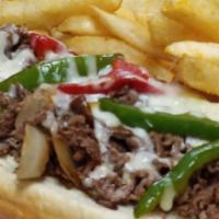 Frank’s Cheese Steak · Shaved Rib Eye Steak grilled with peppers, onions, and mozzarella cheese Served on a hoagie ...