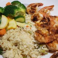 Blackened Shrimp · Served with rice pilaf and mixed vegetables.
