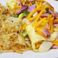 Western Omelet · Ham, peppers, onions, and American cheese served with hashbrowns.