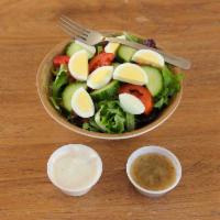 Farmhouse Salad · Mixed greens with cucumber, tomato and hard boiled egg (ranch or vinaigrette dressing). Add ...