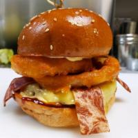 Smokin Boss Burger · Impossible patty, smoked gouda, house bacon, bbq & lemon sauce, crispy onions