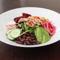 California Breeze Salad Bowl · Free range grilled chicken, organic arugula, cucumber, cherry tomato, avocado, red onions, g...