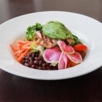 Tex Mex Salad Bowl · Free range grilled chicken, romaine lettuce, roasted corn, black beans, scallions, avocado, ...