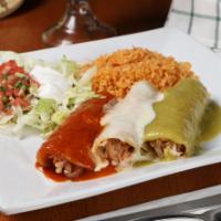 Enchiladas Bandera - NEW!! · (3) Carnitas, refried beans, & cheese flour tortilla enchiladas. Topped w/ white cheese dip,...