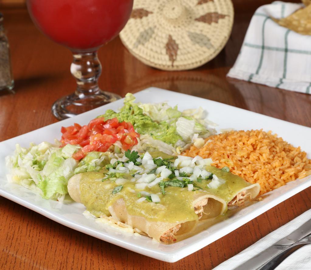 Enchiladas Verdes - NEW!! · (3) Shredded chicken flour tortilla enchiladas. Topped w/ green sauce, onion & cilantro. Served w/ guacamole salad & rice.