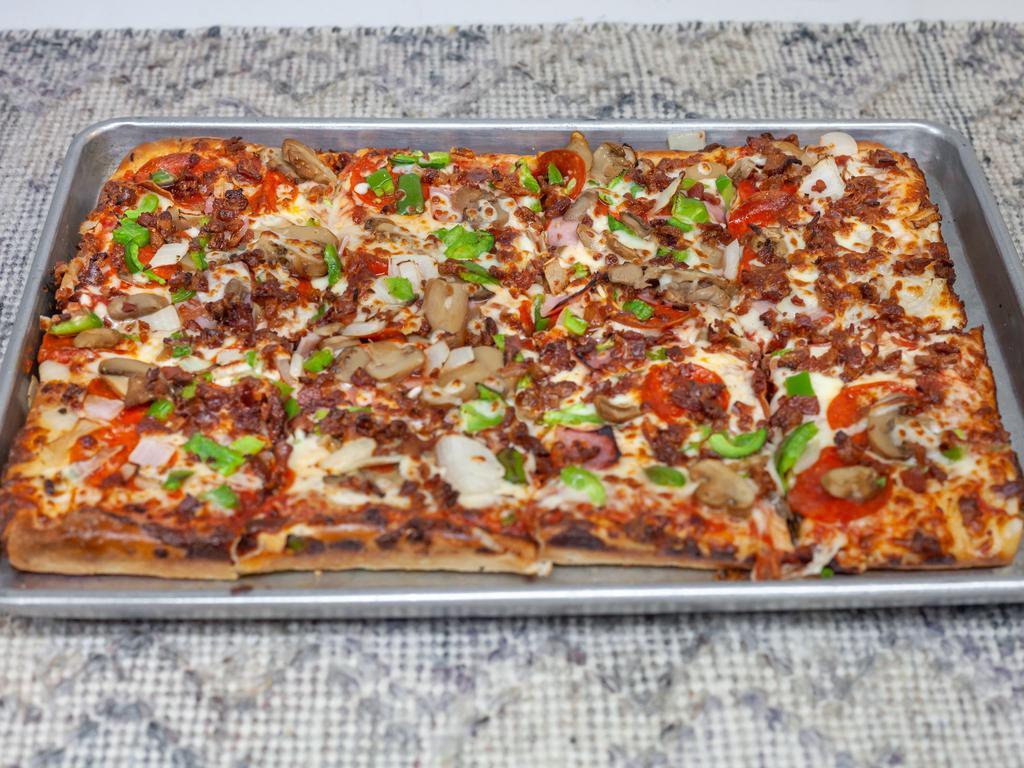 Supreme Pizza · Pepperoni, ham, mushroom, onion, bacon and green peppers.