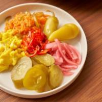 Mixed Pickles · turmeric pickled cauliflower, fresno peppers, red onion, shipka peppers, Israeli cucumbers, ...