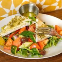 Za'atar Greek Salad · arugula, tomato, cucumber, red pepper, olives, parsley, red onion, za'atar spiced feta chees...